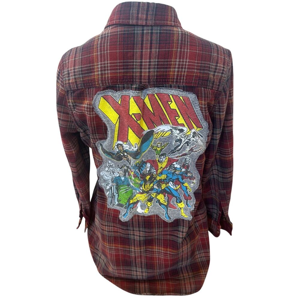X-Men Plaid Flannel Shirt MEDIUM Oversized Upcycle Unique Retro Marvel Comic